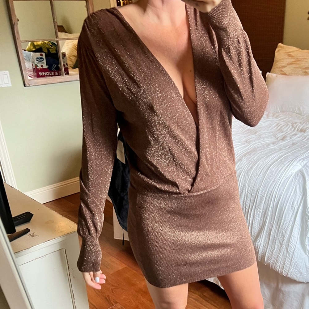 Shimmer brown drop waist sweater dress
